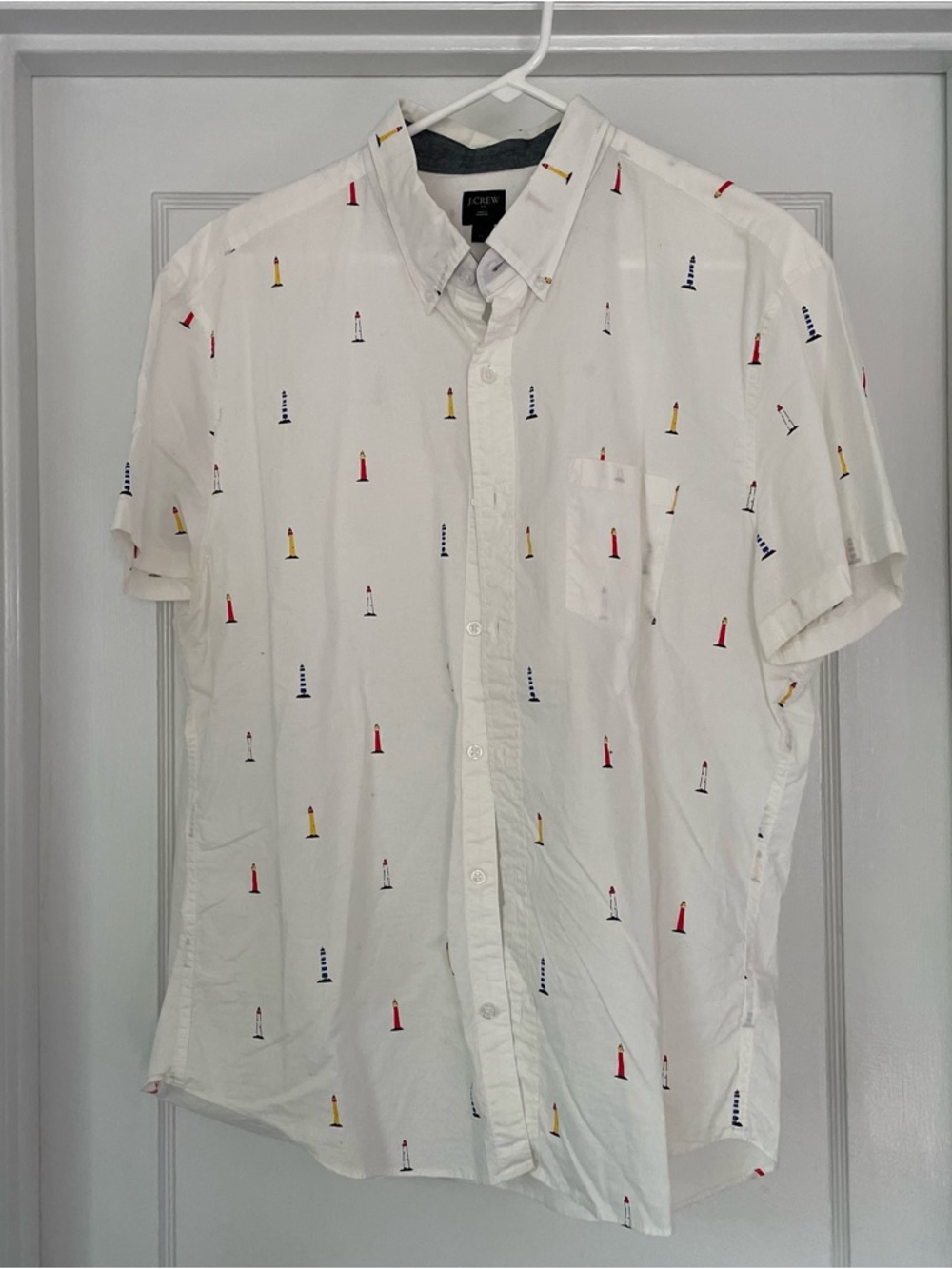 J. Crew White Short-Sleeve Button-Down Shirt with Multicolor Lighthouse Motif